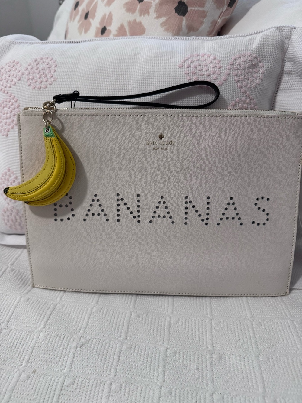 kate spade white perforated 'BANANAS' leather wristlet with yellow banana charm